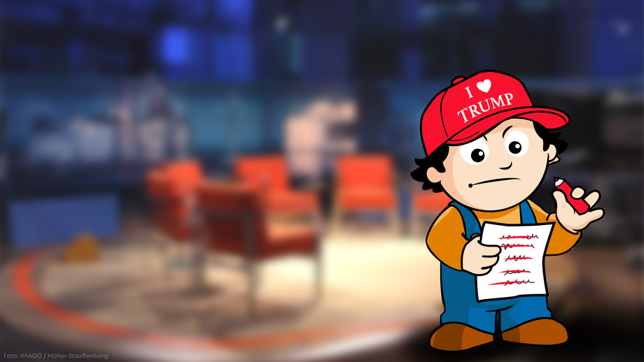 Ein grimmig aussehendes Mainzelmännchen steht mit einer "I love Trump"-Mütze auf dem Kopf und dem Rotstift in der Hand in einem Fernsehstudio. In der Hand hat es außerdem ein Blatt Papier mit einer Liste.