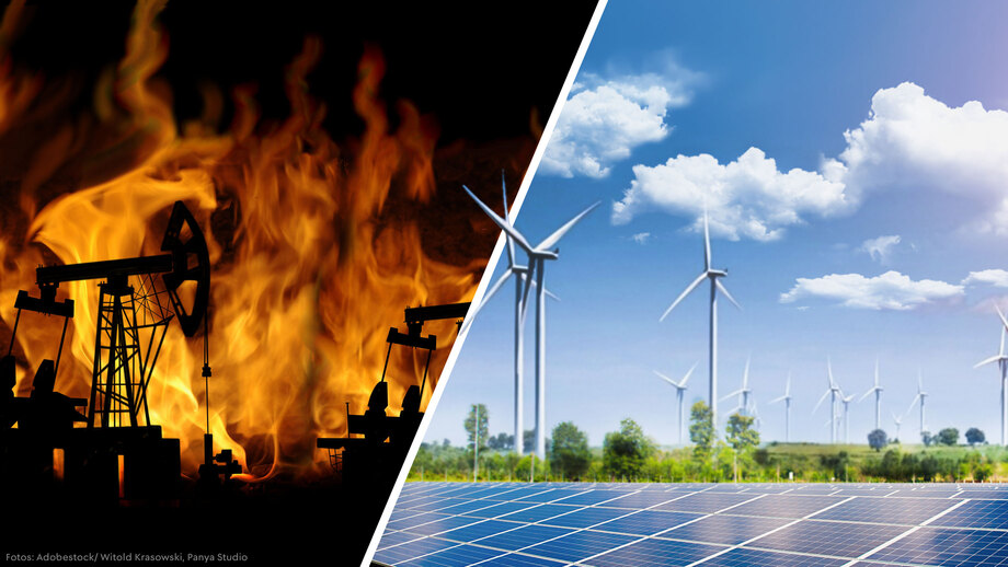 Brennende Öl-Pumpen im Kontrast zu Windrädern und Solarpanels – Symbol für Energiewende und erneuerbare Energien.
